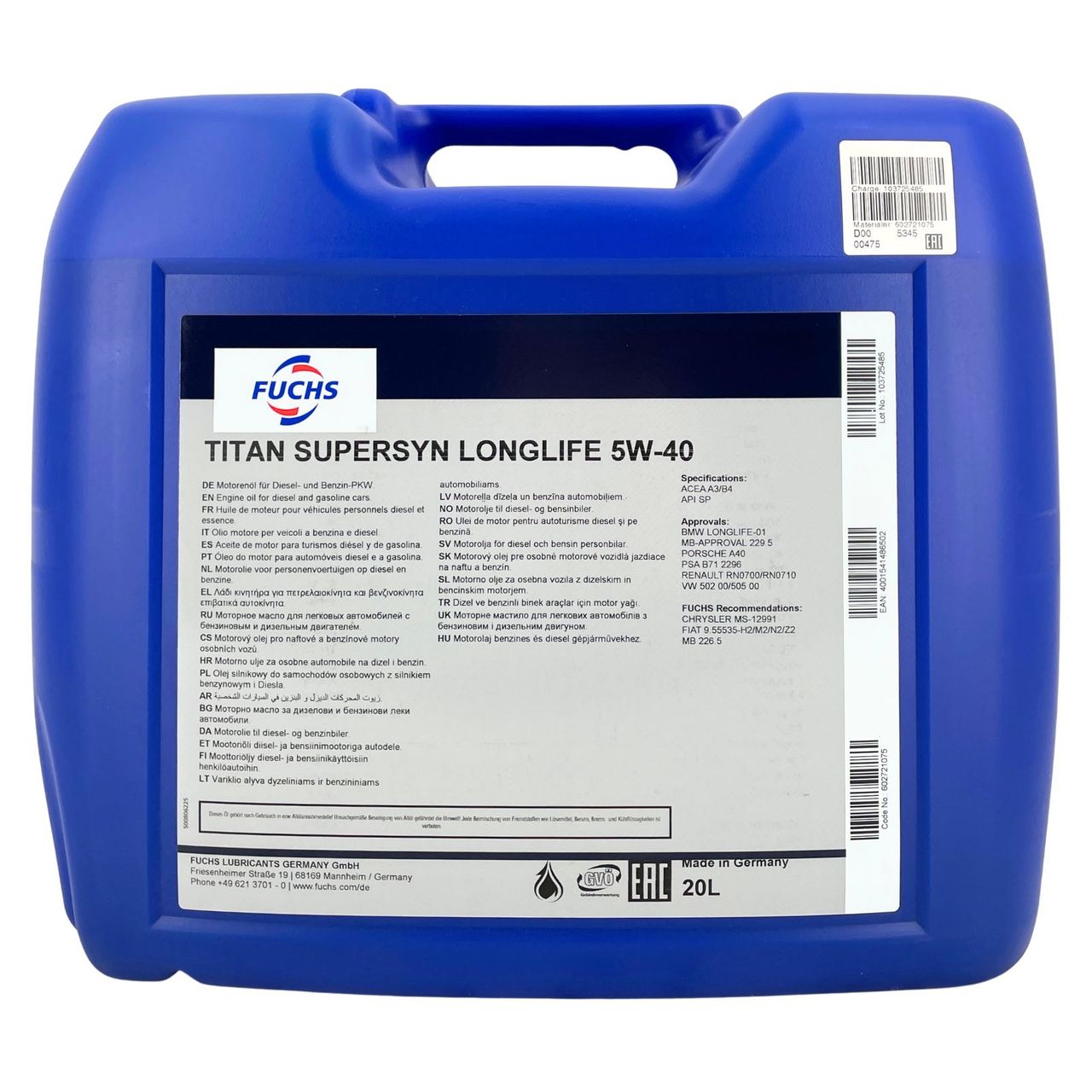 Fuchs Titan Supersyn Longlife 5W-40 20 Liter